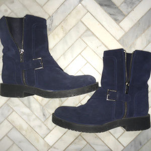 JIL SANDER NAVY BLUE SUEDE MOTORCYCLE BOOTIES